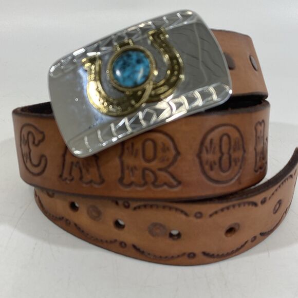 Vintage Accessories - Vtg 1970s Horsehoe & Blue Howlite Belt Buckle & Leather “ Carol” Belt 30/32 1.5”